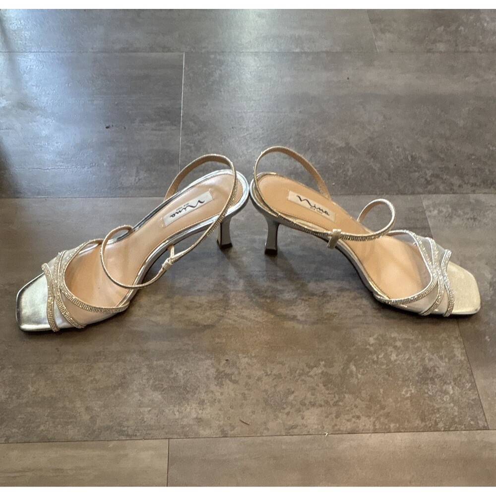 Nina Silver Rhinestone Strappy Open Toe Stiletto Synthetic Heel 11M